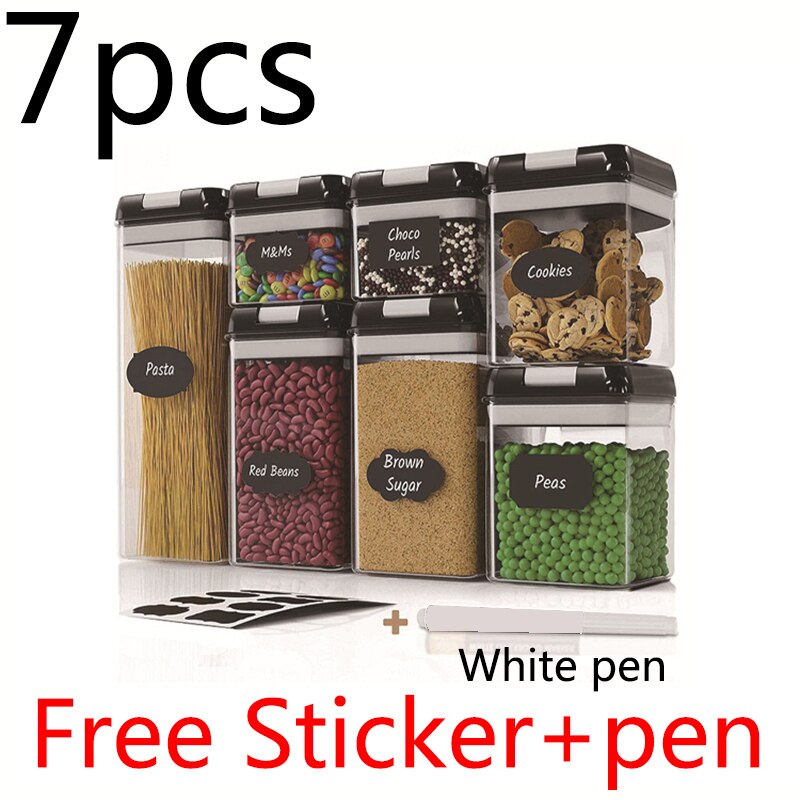 Juego de contenedores herméticos para almacenamiento de cereales, recipientes de plástico con tapa de bloqueo para cocina, contenedor de nevera para alimentos secos y cereales: black 7pcs