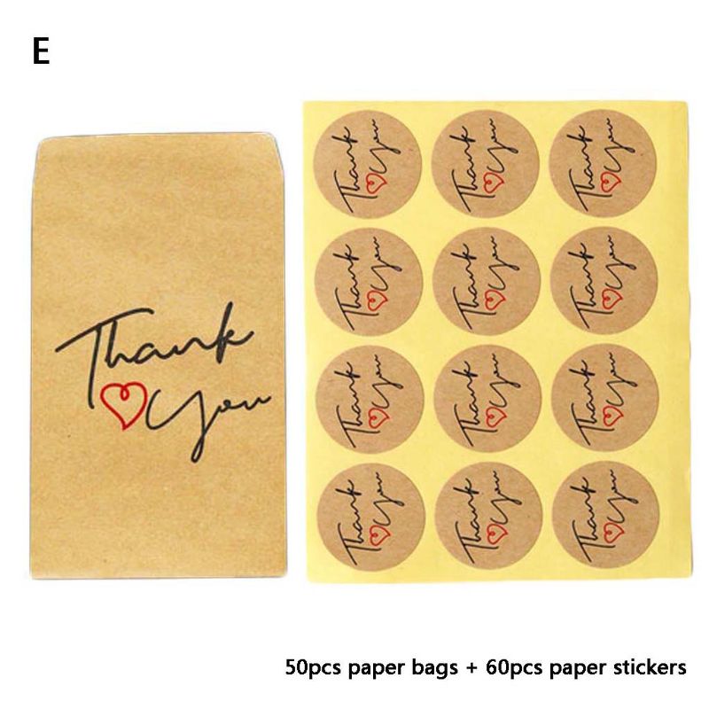 50pcs Kraft Paper Bag with 60pcs Thank You Round Label Stickers for Candy Package Bags Wedding Party Favors Suplies: E