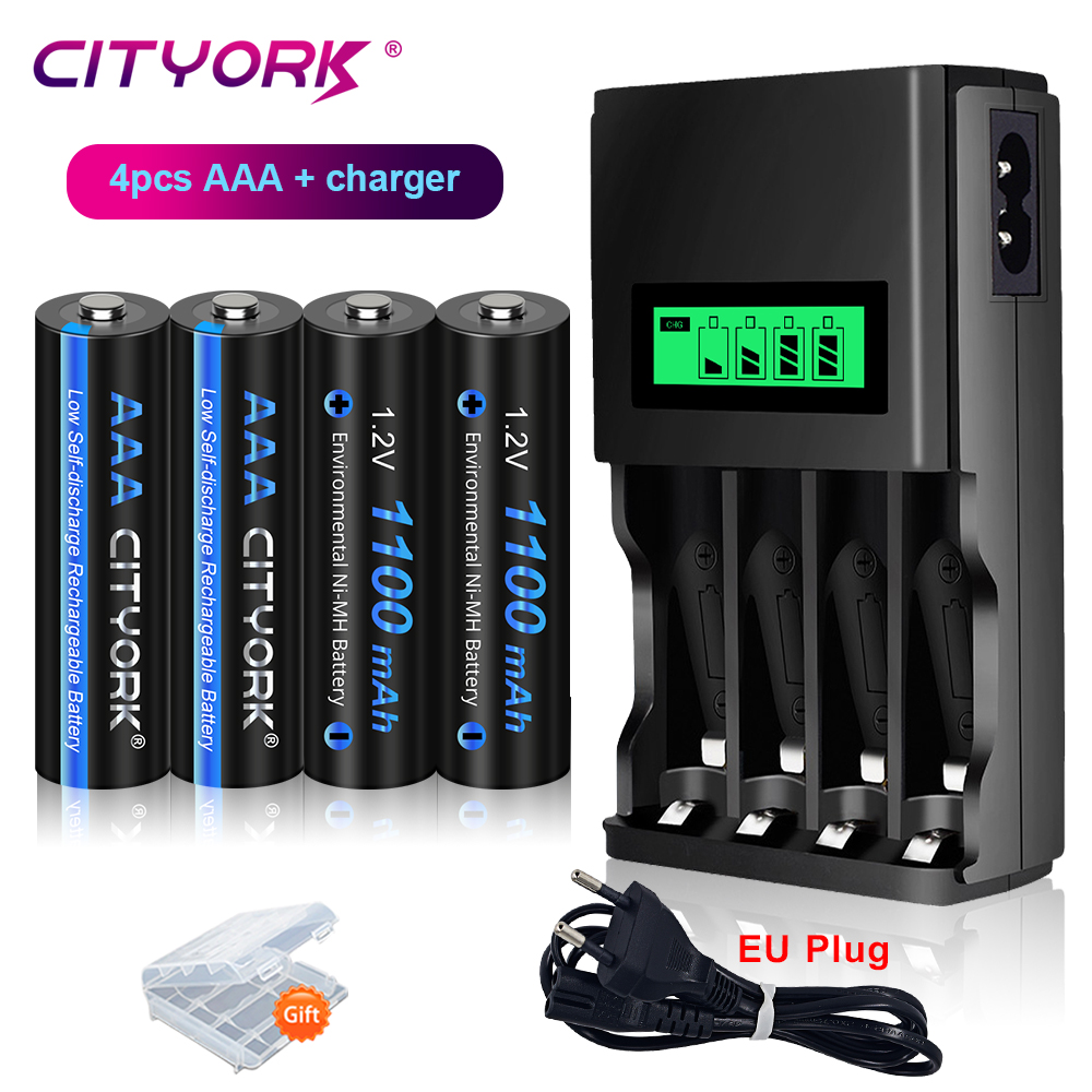 CITYORK-pilas recargables de 1,2 V, AAA, 1100mAh, NI-MH, 3A, 4 ranuras, LCD, USB, cargador de batería recargable de 1,2 V, AA, AAA: YELLOW