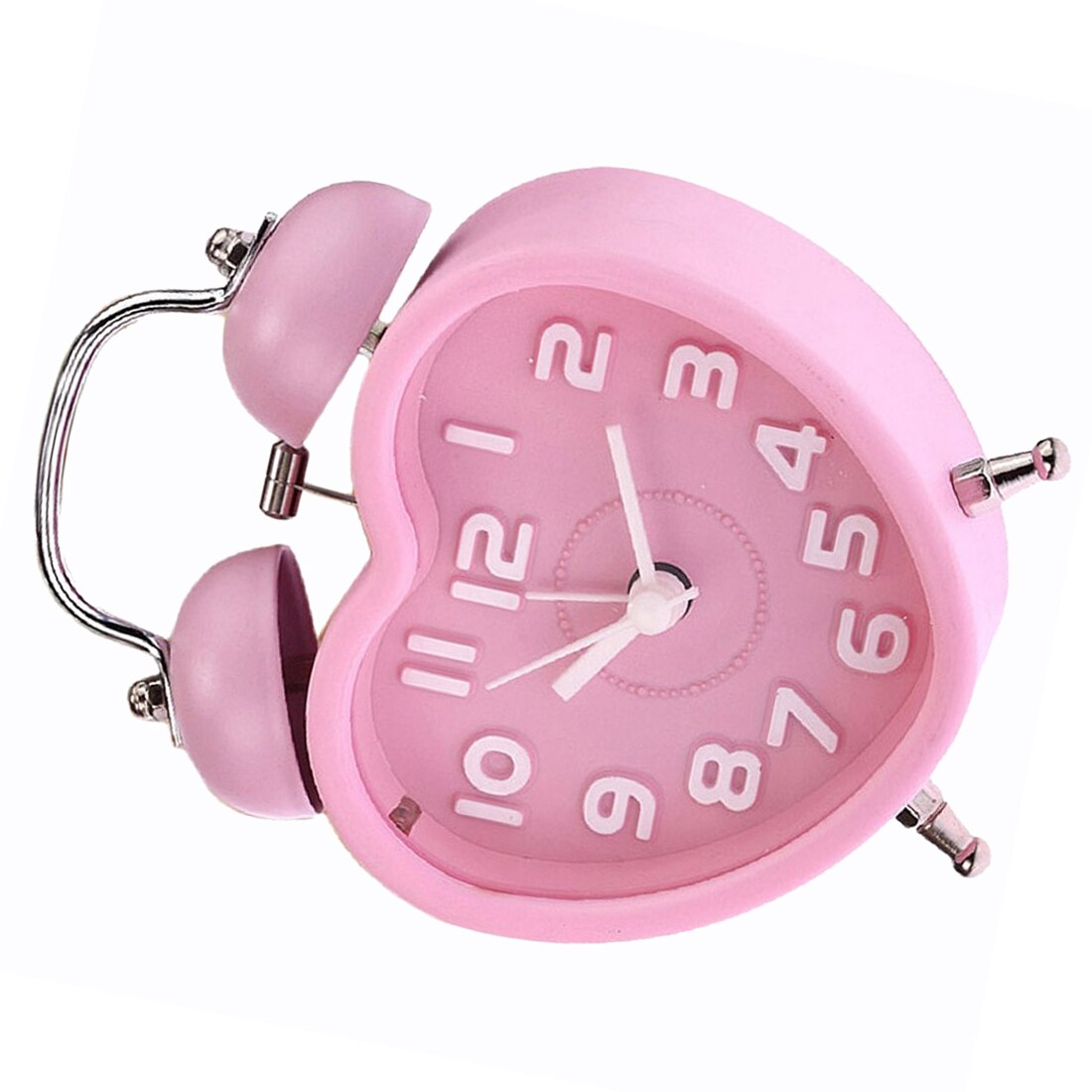 Cute Small Double-Bell Night Light Children Mini Quartz Alarm Clock Heart (Pink)