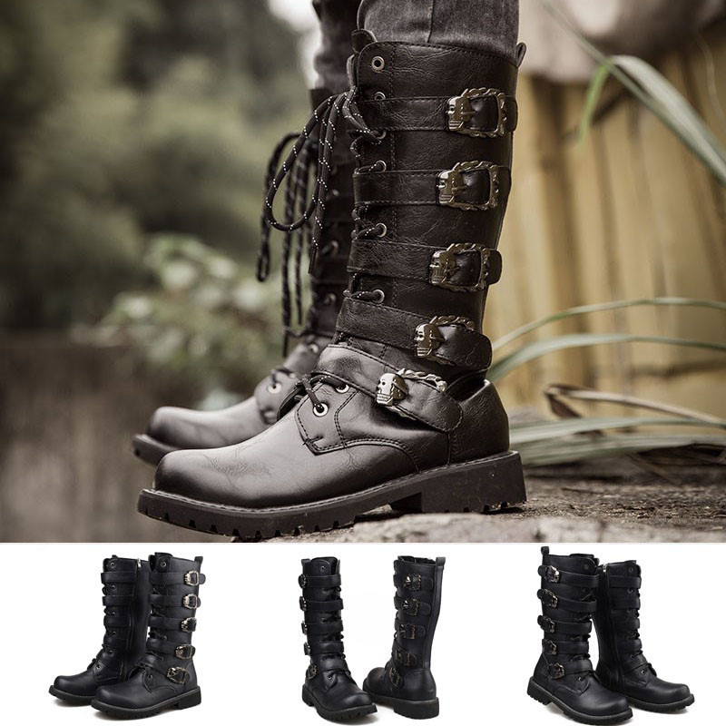 botte chaussures hommes chaussure moto homme boots homme Bottes hautes Punk noires mi-mollet pour hommes, chaussures Vintage à plateforme en métal, confortables, antidérapantes, pour moto en plein air, grande taille