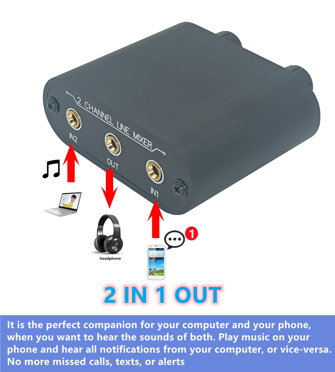 (X21) 2 Way Audio mixer 3.5mm Un-powered mixer, 2 to 1 Stereo aux 3.5mm line levels control Box mini passive mixer