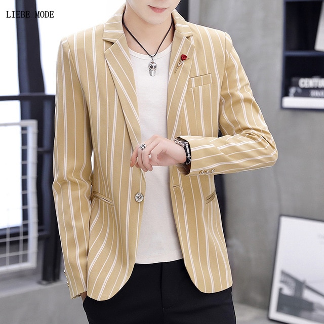 Heren kaki zwart wit gestreepte blazer heren trouwjurk jasje koreaanse heren bruidegom blazer hombre