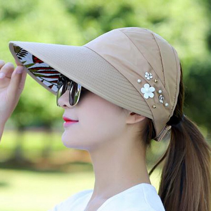 Mnoerffi Brede Rand Strand Hoed 1Pc Vrouwen Zon Hoeden Voor De Zomer Parel Packable Uv Bescherming Vrouwelijke Caps Zonneklep hoed Met Grote Hoofden: Khaki