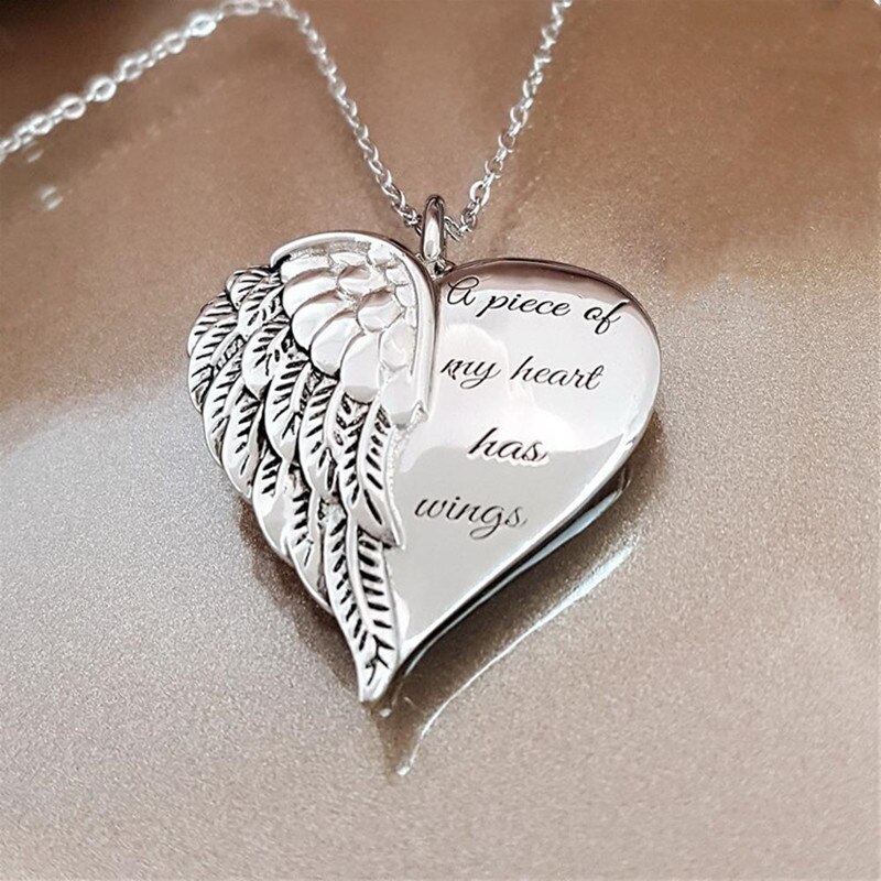 Women's necklace letter a piece of my heart has wings gold silver alloy love heart wing pendant feather angel necklaces