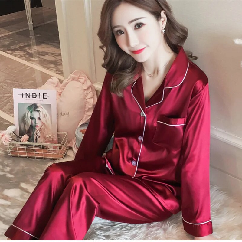 Pajamas Sets for Women Sexy Silk Women Pijama Sets Sleepwear Long-sleeve Cardigan Set Female Ice Silk Pyjamas Home Clothing: L / Red