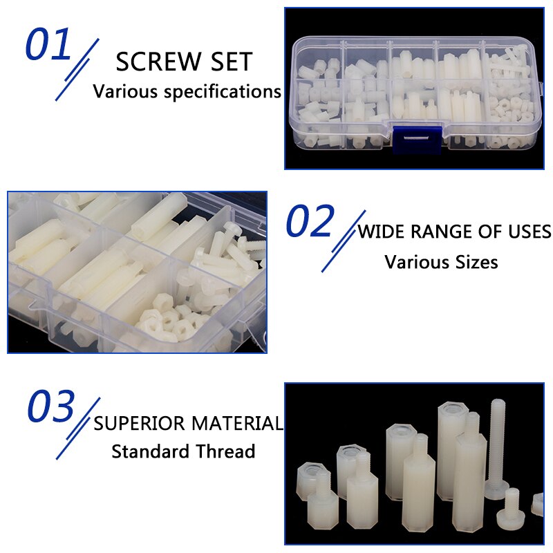 M3 mannelijke vrouwelijke zeskant nylon afstandshouder afstandsschroef witte afstandsschroef kunststof schroefmoer assortiment kit 150 stuks/set