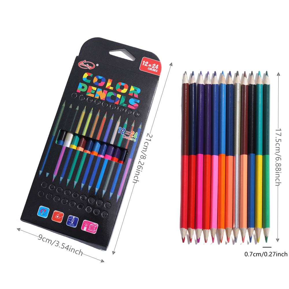 12 Uds. Lápices de colores de doble cabeza, lápiz de mina de 24 colores, lápices de colores de madera para dibujar, papelería, suministros escolares para estudiantes