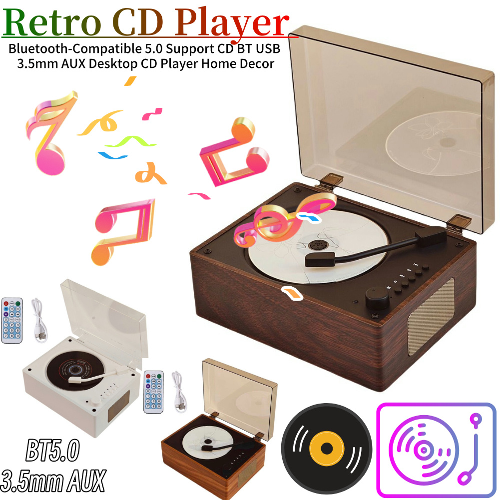 Rechargeable Retro CD Player Portable Music Player with 3.5mm AUX Desktop CD Player Gramophone Shaped CD Player