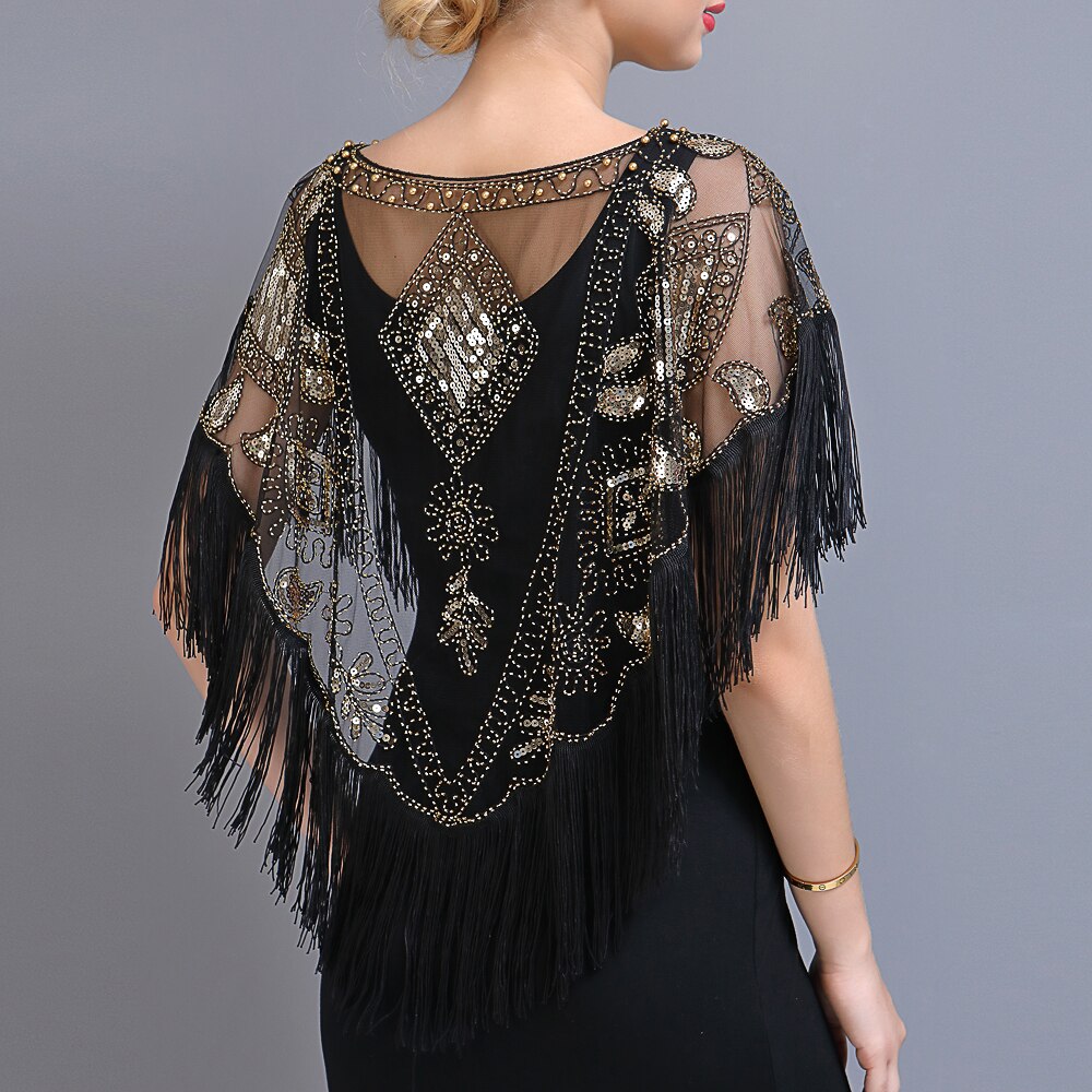 Vrouwen 1920 S Lovertjes Sjaal Met Kwastjes Kralen Parel Fringe Sheer Mesh Wraps Gatsby Flapper Bolero Cape Cover Up