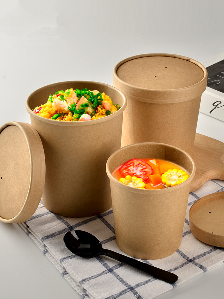 50pcs kraft paper round soup bowl soup bucket disposable lunch box takeaway snack food fruit salad packing cups