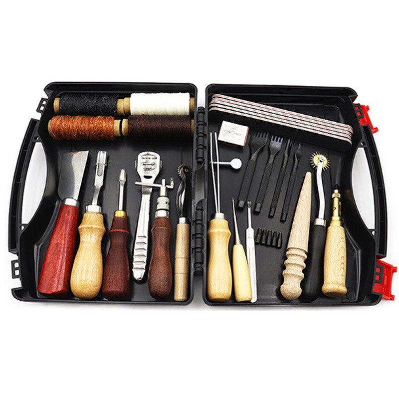 26PS ofessional Leather Craft Tools Kit Hand Sewing Stitching Punch Carving Work Saddle Leathercraft Accessories sewing tool set: With box