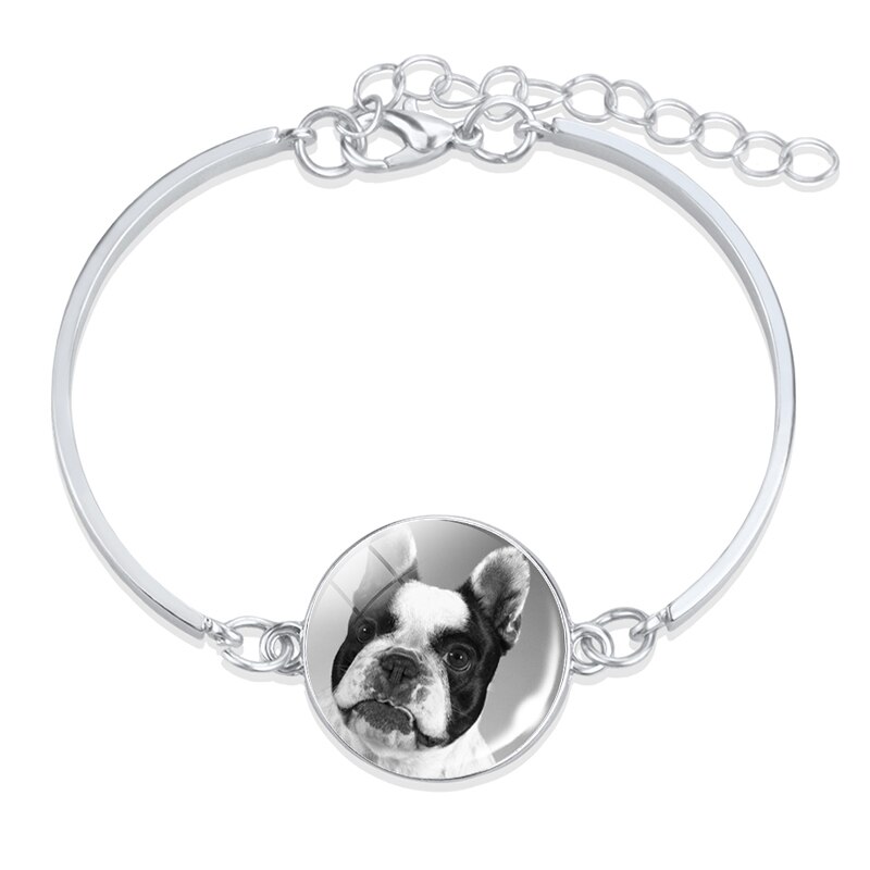 1pc Bulldog de Metal de Color plata Pulsera Retro Animal perro Cabochon de vidrio de bisutería con de barras brazalete de las mujeres accesorios: 9