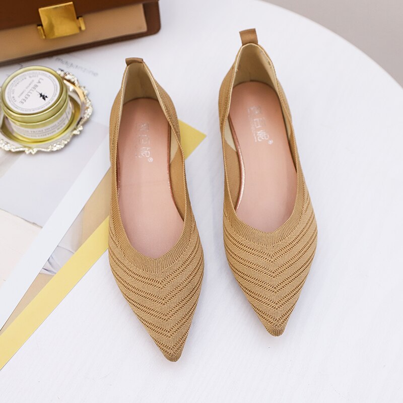 Chaussures de Ballet à bout pointu pour femmes, mocassins souples et confortables à enfiler, en tricot, décontractées: Kaki / 9