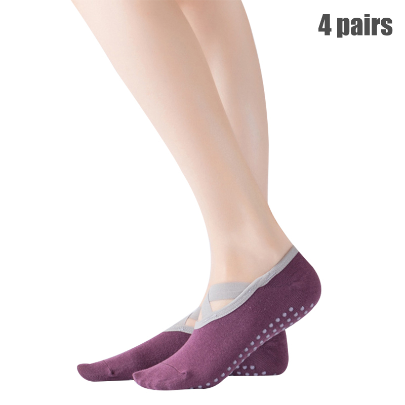 4 par kvinder ensfarvet bomuld yogasokker anti-skridningsdans pilates yogasokker behagelige åndbare sport kropsformende sokker: Rødvin