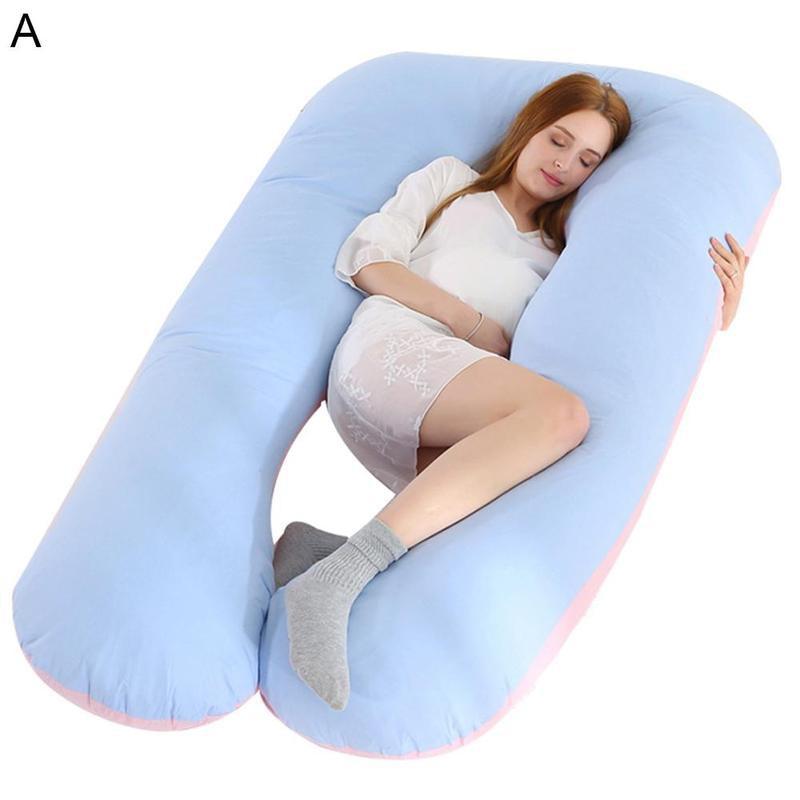 Gravide kvinder soveunderstøttepude ren bomulds pudebetræk u form barsel puder graviditet side sovende sengetøj 145 x 80cm: Blå lyserød