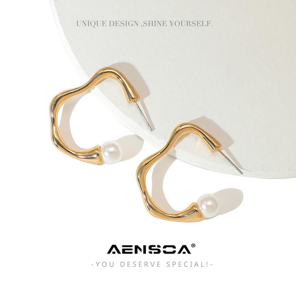 Aensoa Koreaanse Mode Gouden Kleur Onregelmatige Cirkel Hoepel Oorbellen Geometrische Grote Parel Hoepel Oorbellen Voor Vrouwen Party Sieraden