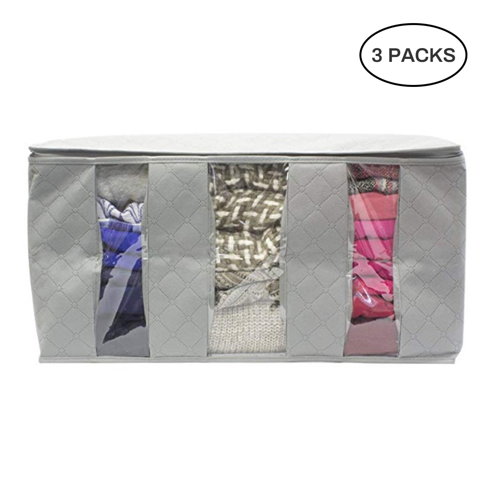 1 Uds. Bolsa de ropa de edredón caja de almacenamiento de tela no tejida con asas plegable a prueba de humedad Caja de almacenamiento sellada organizador transparente: E-grey 3pcs