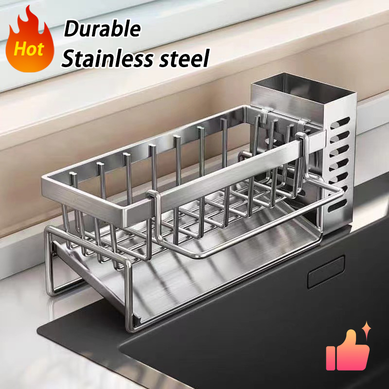 Estante de almacenamiento de Herramientas de limpieza de fregadero, escurridor multifuncional de cocina para esponja limpiadora, organizador, colgador de trapo: Morado