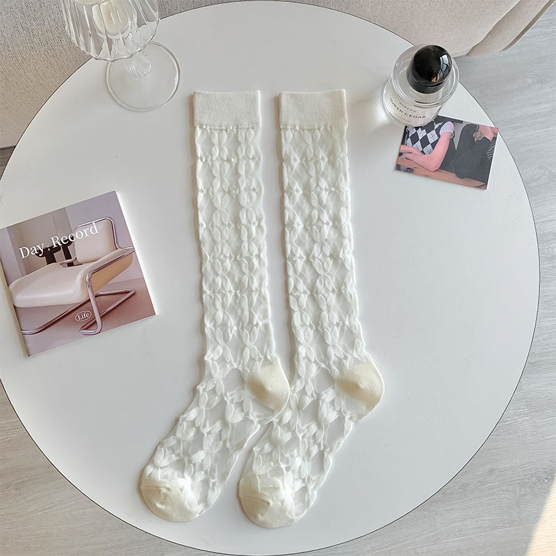 Calze lunghe al ginocchio in seta a rete bianca giapponese da donna calze lunghe estive trasparenti Harajuku JK Lolita Kawaii calze di pizzo carine: Cielo Blu