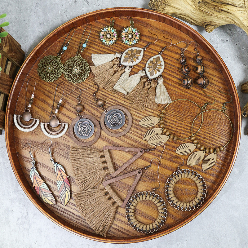 Pendientes étnicos Vintage bohemios con forma de gota para mujer, aretes largos bohemios con cuentas y borlas de madera, aretes redondos geométricos de hojas y flores, joyería