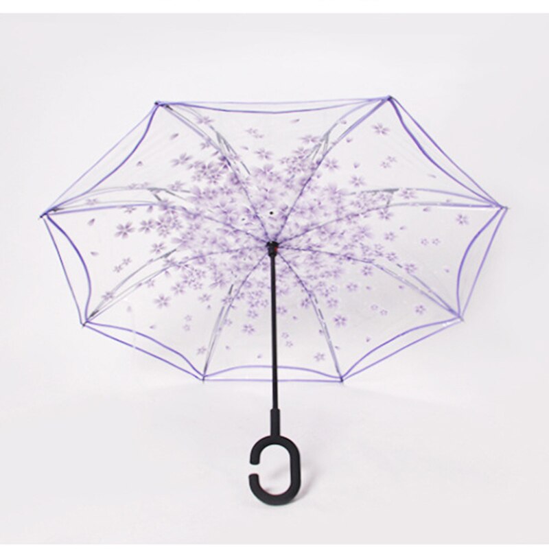 Ombrello trasparente inverso doppio strato invertito antivento manico C ombrelli da pioggia antivento per donna equipaggiamento da pioggia: viola 1