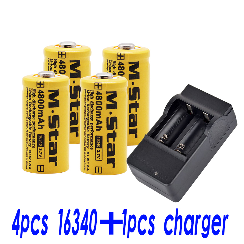 4800mAh rechargeable 3.7V Li-ion 16340 batteries CR123A battery for LED flashlight wall charger, travel for 16340 CR123A battery: 4pcsandcharger