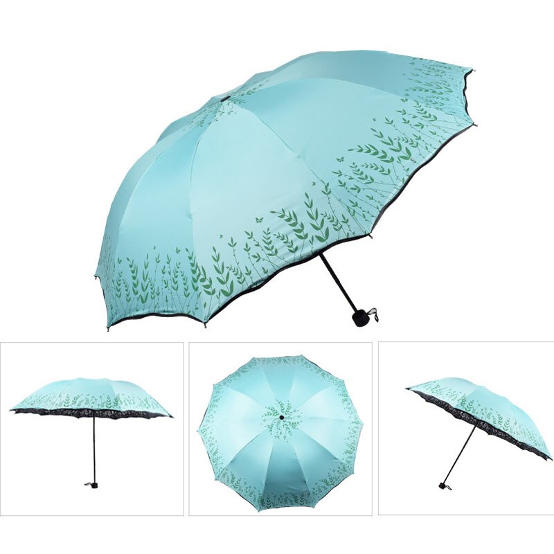 Hopfällbart paraply för kvinnor tryck blomma resor anti-uv vindtät regn blomma modig flicka solskydd parasoll bärbar: 108cm- grenar grön