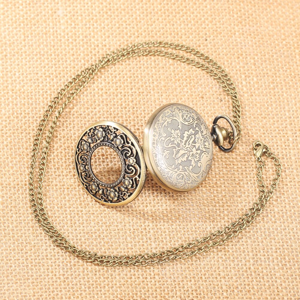 Antieke Bloemen Brons Hollow Hunter Quartz Zakhorloge Retro Vintage Prachtige Dame Sieraden Hanger Klok Cadeaus Voor Mannen Vrouwen