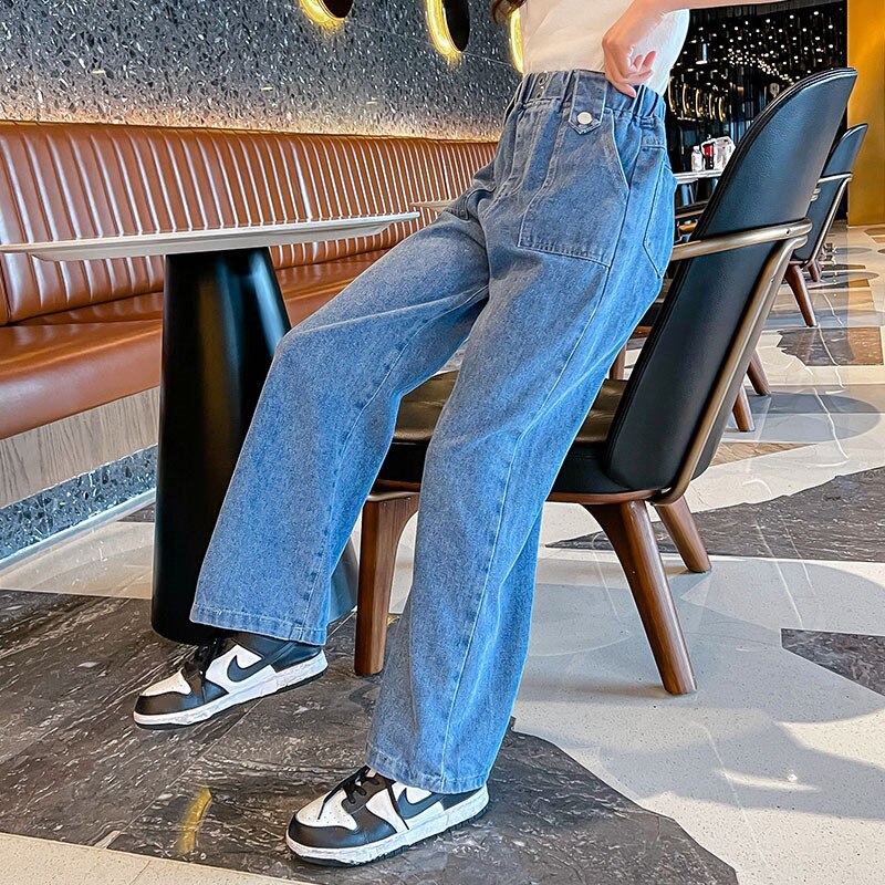 Pantalones vaqueros de pierna ancha para niñas, Jeans rectos con botones, holgados, informales, a la , para adolescentes, primavera 2022