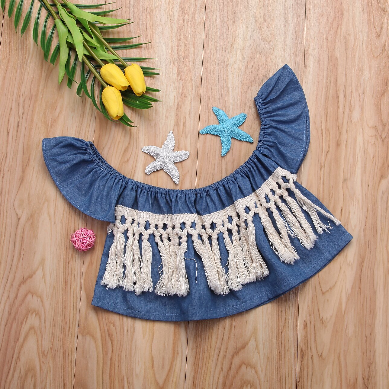 Infant Toddler Baby Girl Summer Denim Off Shoulder Tops Shirt Summer Sunsuit Tassel Tops 0-24M