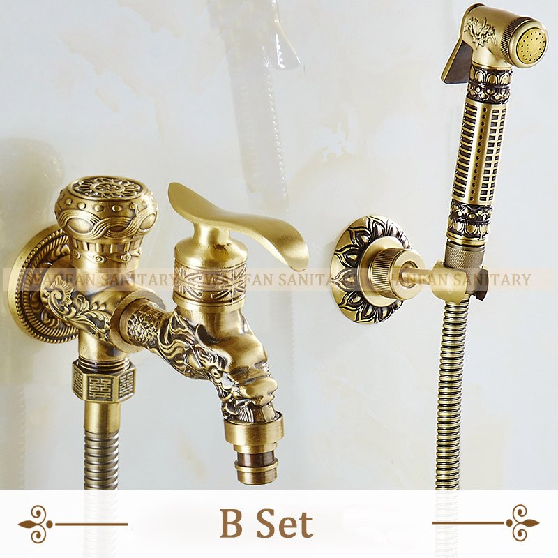 Bidet Faucets Antique Brass Wall Mounted Bathroom Hygienic Shower Sprayer Water Faucet Airbrush Toilet Washing Machine Tap WF556