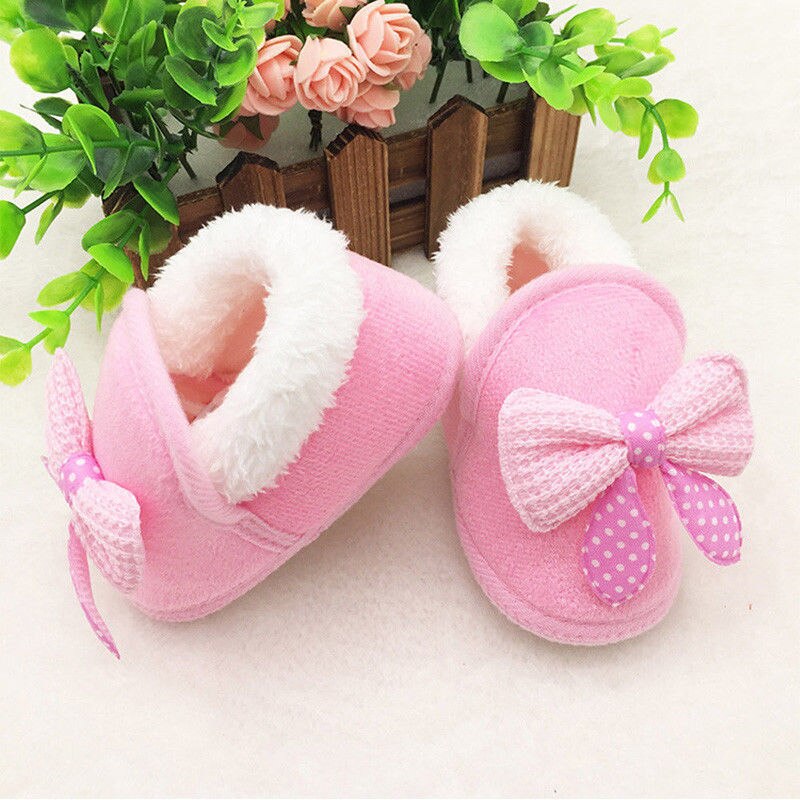 Cute 0-18M Baby Girls Bow Soft Crib Sole Boots Newborn Prewalker Warm Shoes For Infant Pink Red: Pink / 13-18 Months