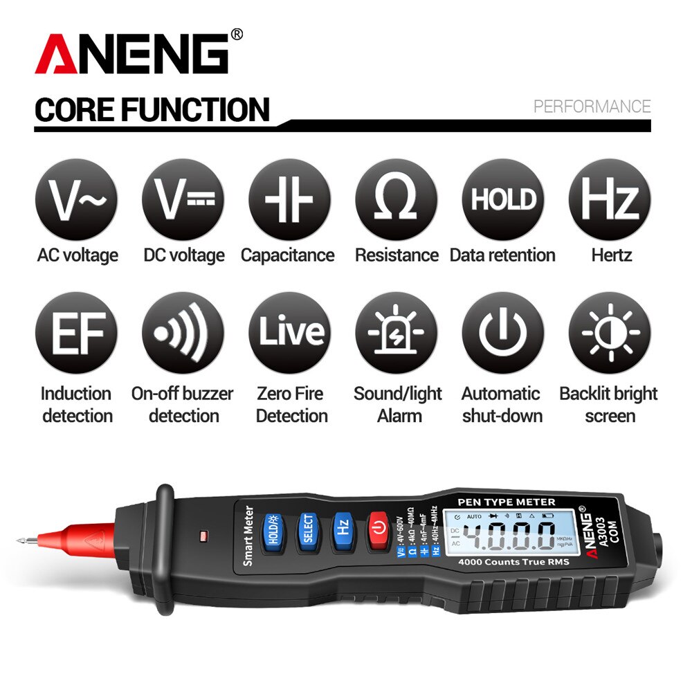 Aneng  a3003 digital pen multimeter 4000 tæller smart meter med ncv ac/dc spændingsmodstand kapacitans testere