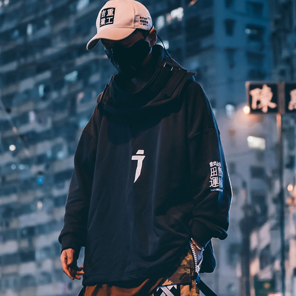 Autumn Men High Neck Fish Mouth Hoodie Japanese Harajuku Hip Hop Gothic Streetwear Sweatshirts Oversized Male Tops