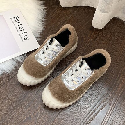 Zapatos peludos femeninos Otoño e Invierno pelo de cordero color plano a juego zapatos deportivos de encaje zapatos casuales de galleta marea: Caqui / 39
