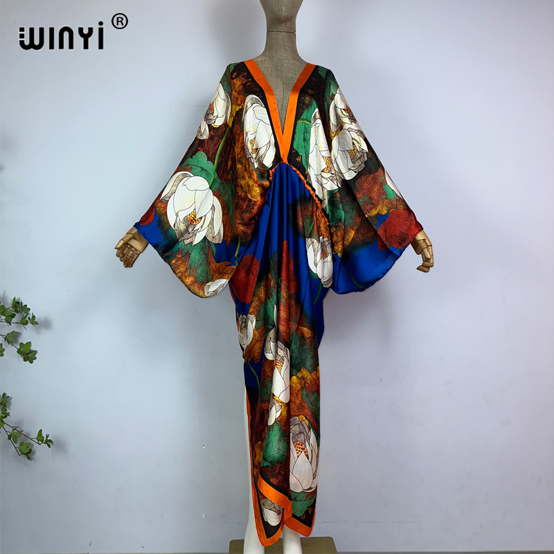 WINYI Bohemian Deep V-neck Floral europea For Lady Free Size Loose Batwing Beach cover up Party Kaftan Dress: Clear