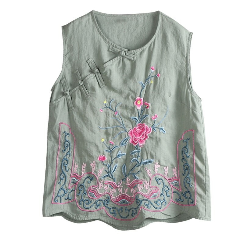 Broderi cheongsam top sommer kinesisk top tang jakkesæt ærmeløs linned skjorte traditionel kinesisk stil tøj kvinder 10716
