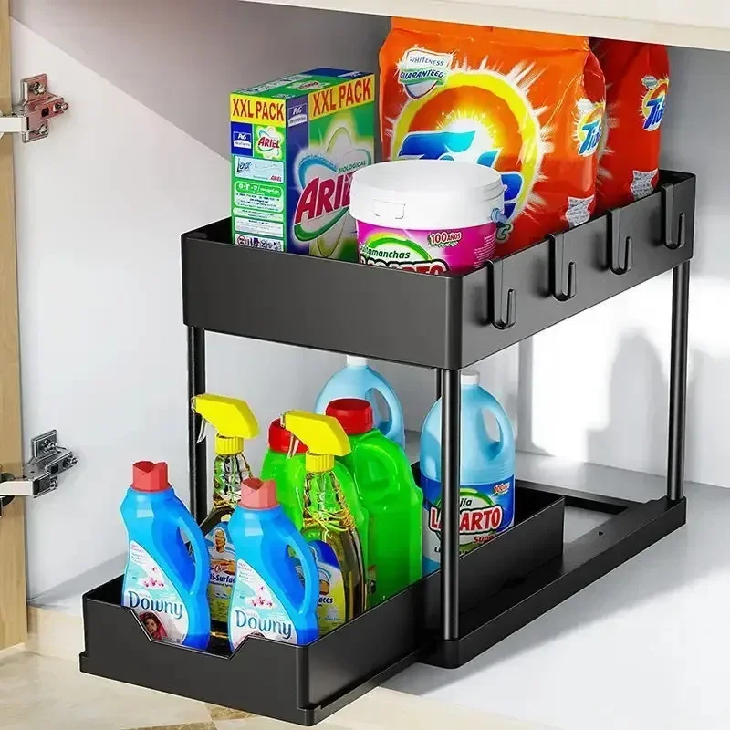 Keukenopslag onder gootsteen organisator 2-laags uittrekbare multifunctionele lade plank organisator badkamer desktop kast rek: Lichtgrijs
