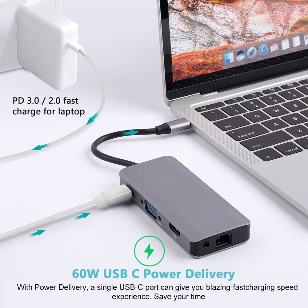 Kaartlezer Usb C Hub Computer Netwerk PD3.0 9 In 1 Kabel Concentrator Hdmi Vga Video Rj 45 Vermogen grijs Adapter 1000Mbps