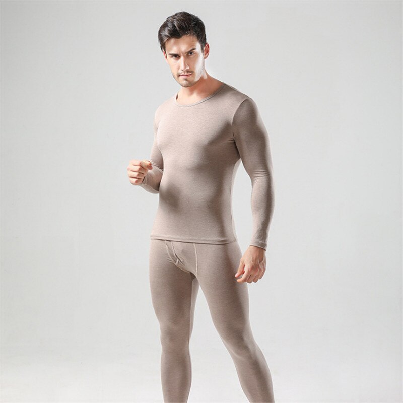 men's aerobic skin friendly underwear elastic thin bottomed pajamas round neckline homme warm suit: Khaki / XL