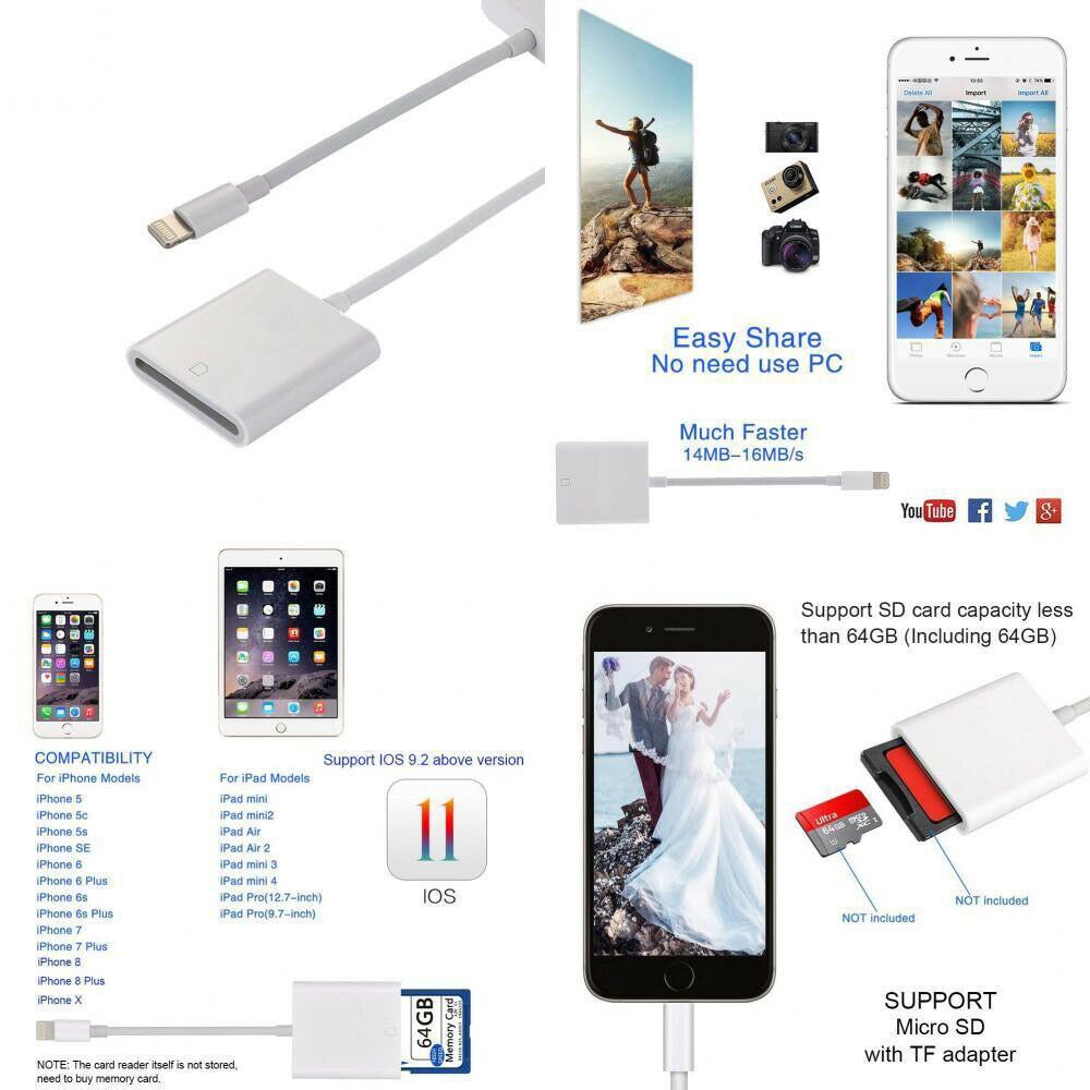 USB Card Reader Camera SD TF Card Reader Adapter Cable for iPhone 8 Plus 6S Apple iPad Pro Air Mini 3B04
