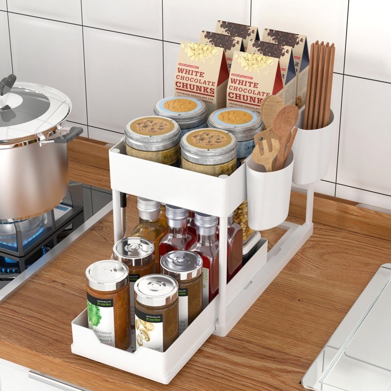 Estante de almacenamiento debajo del fregadero, cesta de gabinete deslizante, estante de almacenamiento extraíble multifuncional con ganchos, cajón colgante, estante de cocina: Light Black