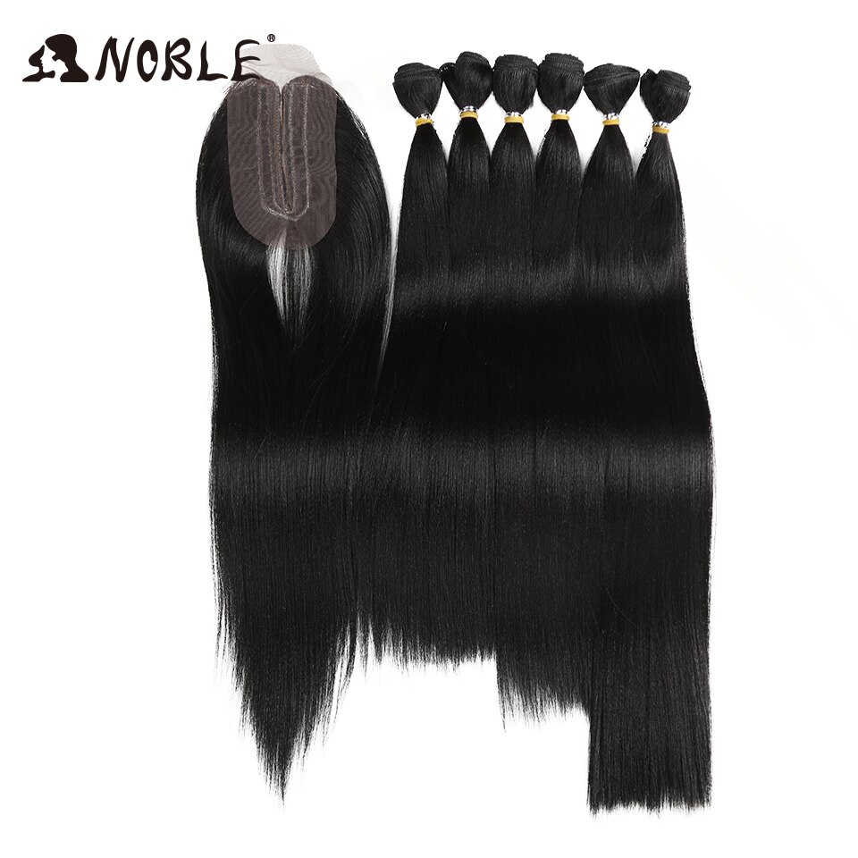 Pelo sintético Noble, mechones de pelo liso rizado, 7 unidades por paquete, mechones de pelo manojo de extensiones de cabello mechones con cierre, pelo liso rizado