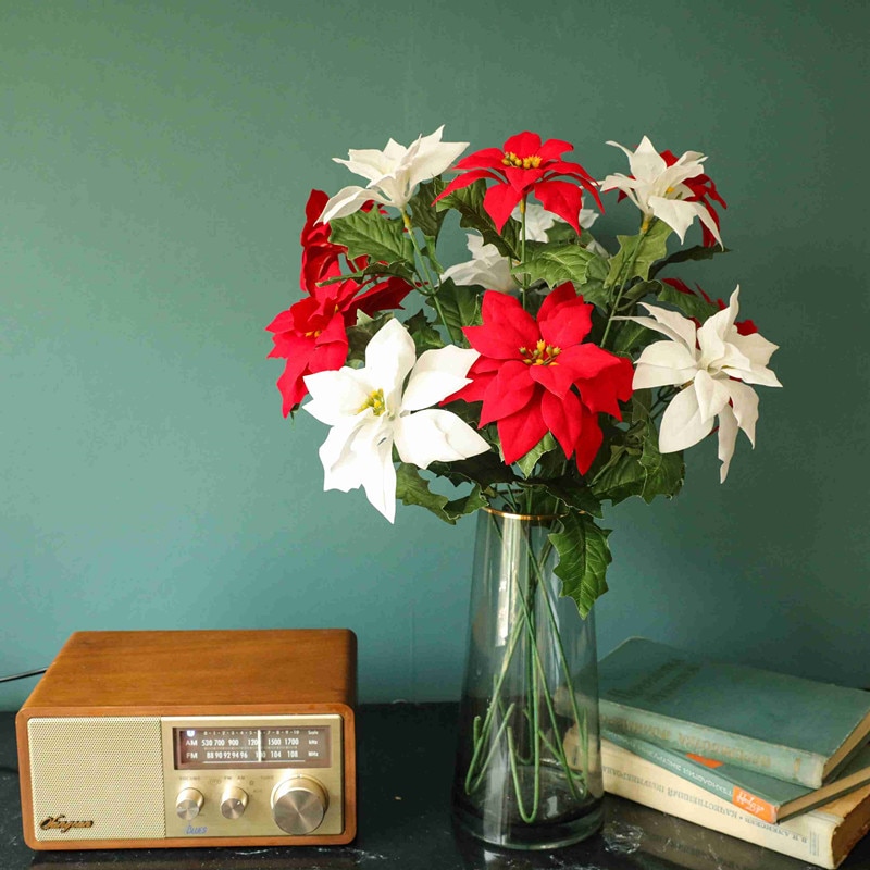 1 Branch 2 Heads Real Touch Cloth Christmas Flowers Artificial Christmas flowers Red Poinsettia vase photography props Ornaments