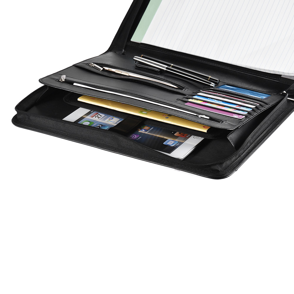 Zippered Multifunctional A4 Portfolio Padfolio File Organizer with Writing Pad Card Pockets for Manager