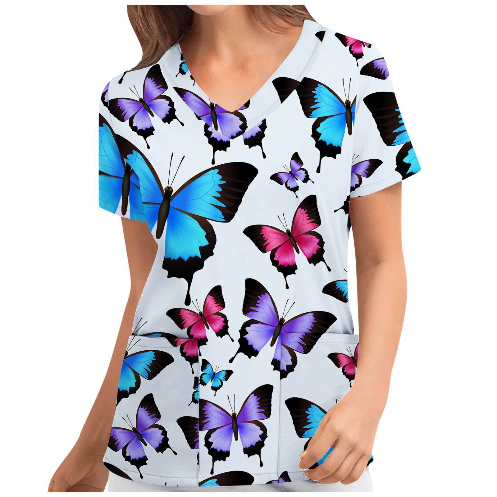 Women Short Sleeve V-neck Butterfly Print Tops Nursing Working Uniform T-shirts Blouse Scrubs Costume Медицинская Одежда J30