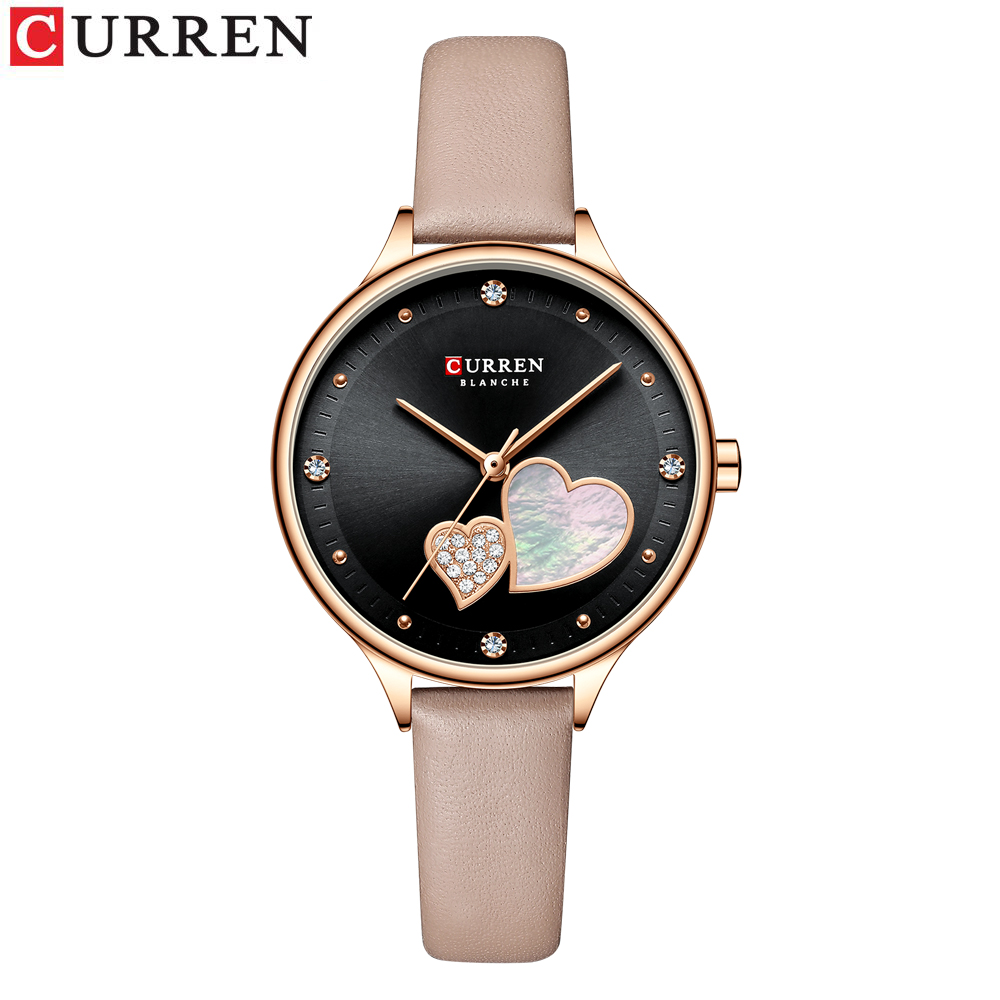 Curren Horloges Vrouwen Mode Lederen Quartz Polshorloge Charmante Strass Vrouwelijke Klok Zegarki Damskie: Coffee