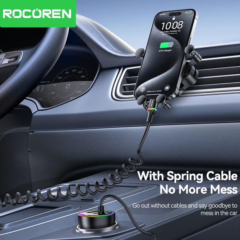 Rocoren 70w usb c carregador de carro com cabo de carregamento de mola tipo c adaptador de carregador rápido de carro para iphone 16 15 xiaomi