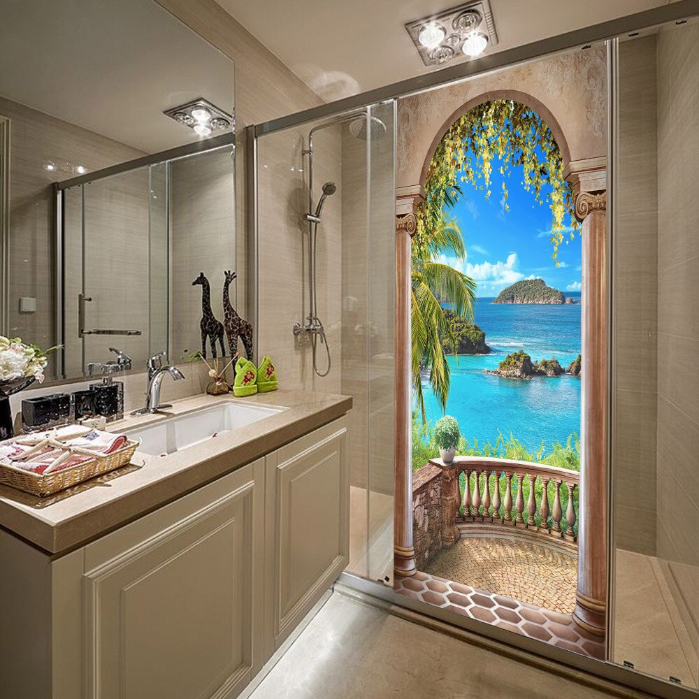77*200CM DIY 3D Waterdicht Eiland Balkon Landschap Deur Stickers Home Decor Zelfklevende Slaapkamer Woonkamer Muur sticker